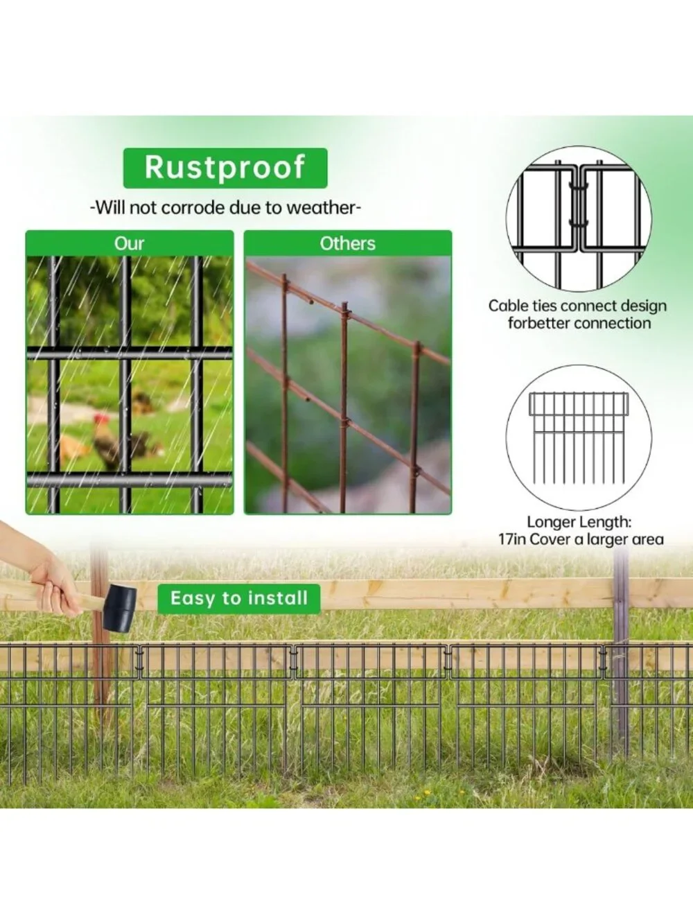 39.5ft No Dig Dog Barrier Fence - 28 Panels, Rustproof Metal Garden Edging